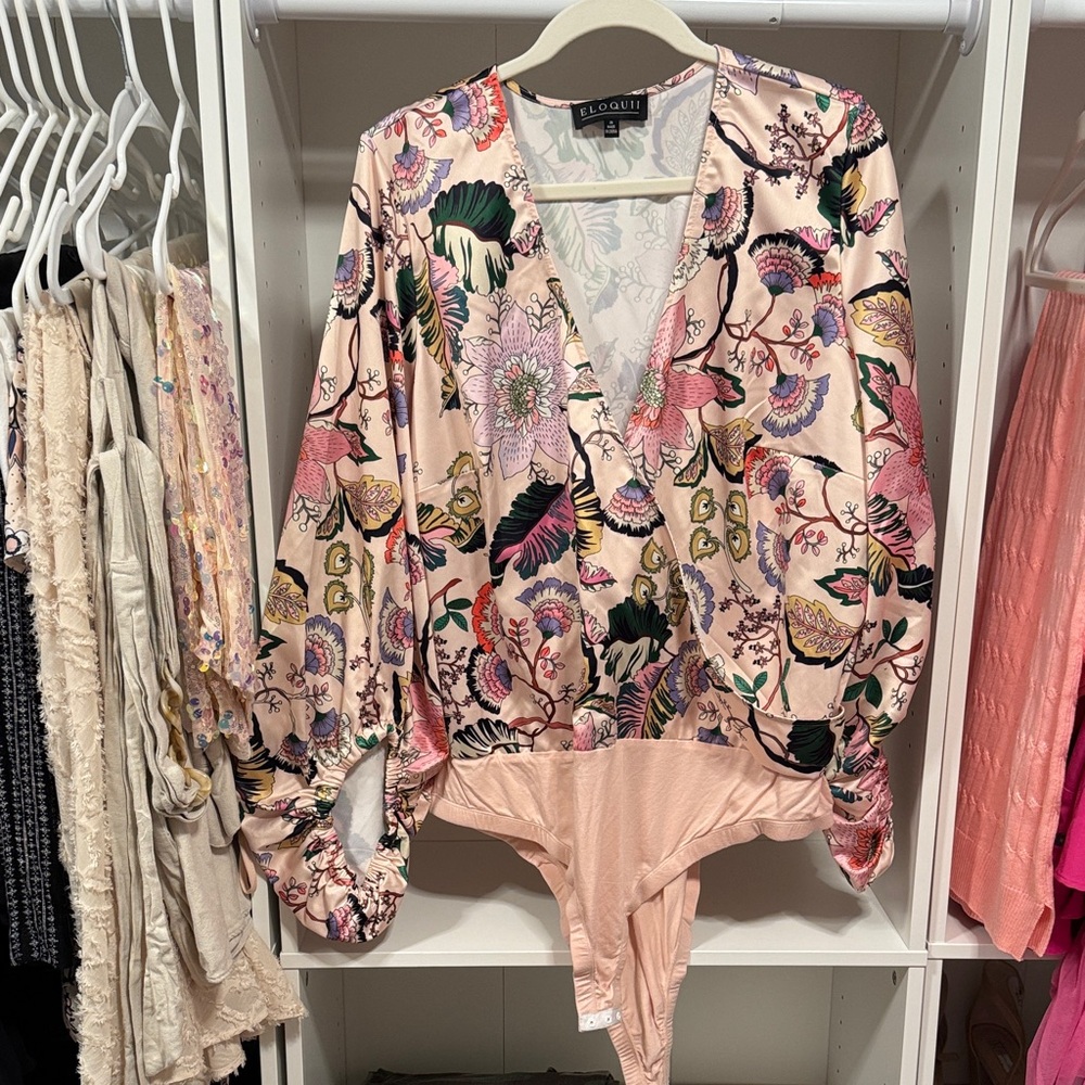 Eloquii Floral Print Bodysuit - Pink and Black